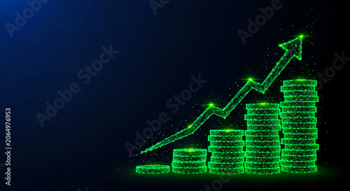 Digital green wireframe stack of coins with a rising arrow representing financial growth and success