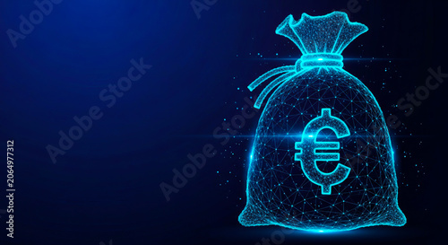 Glowing digital money bag icon featuring the euro currency symbol rendered in bright neon blue light
