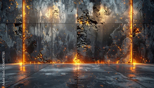 A dark room with a glowing orange frame on a damaged wall