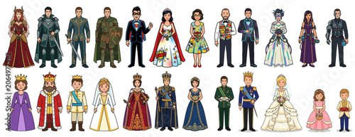 Collection of Cartoon Royalty and Knights in Elaborate Costumes, Representing Different Eras and Ranks.