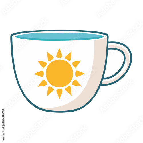 White coffee cup with sun design illustration