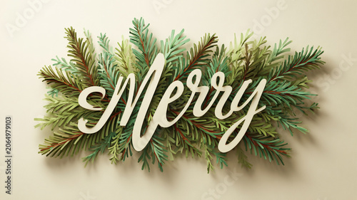 Cut-paper pine branches framing soft Merry script isolated on plain background