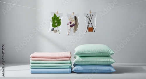 Minimalist bedroom interior with pastel bedding and pressed flower decor
