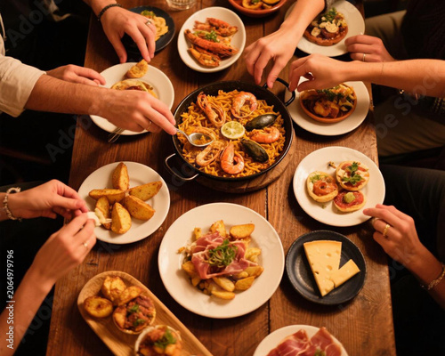 Top View of Friends Sharing Authentic Spanish Seafood Paella and Tapas Dinner at Wooden Table