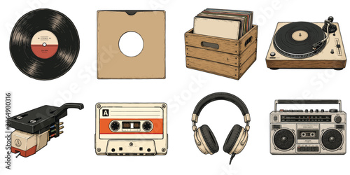 Vintage Music Collection with Vinyl Record Turntable Cassette Tape Headphones and Boombox