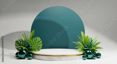 3D product display podium with decorative tropical leaves, interior design