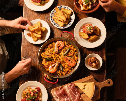 Group Dining Sharing Authentic Spanish Paella and Tapas Feast on Rustic Wooden Table