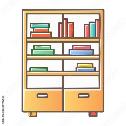 Colorful bookshelf with books and drawers illustration
