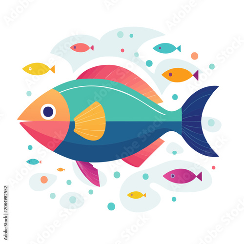 Colorful flat design fish illustration with small fish and bubbles