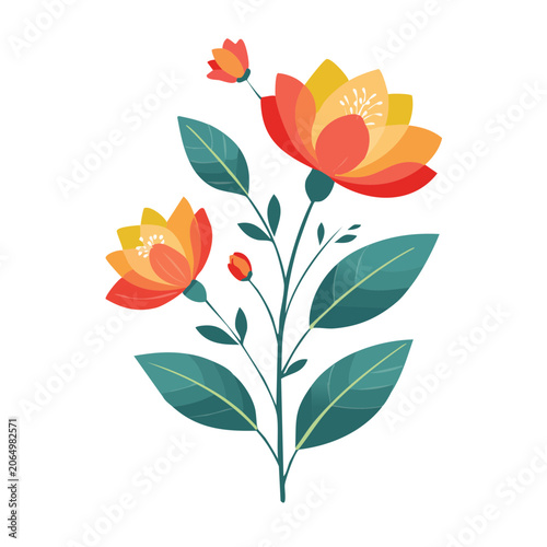 Colorful flat design flowers with leaves and buds