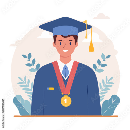 Graduate in cap and gown with medal illustration