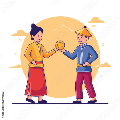 Two people in traditional clothing shaking hands with a coin