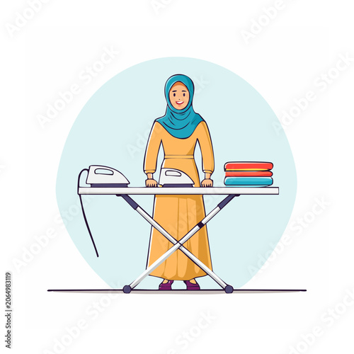 Woman in hijab ironing clothes on ironing board