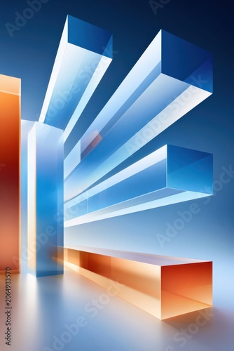 Abstract 3D glass beams and geometric blocks in blue and orange futuristic composition
