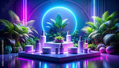 A futuristic neon-lit display with cosmetics and tropical plants (1)