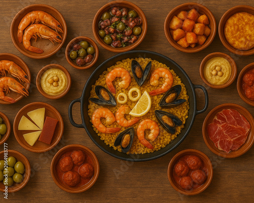 Spanish Tapas and Seafood Paella Feast Spread on Rustic Wood Table Top View