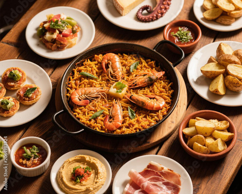 Authentic Spanish Seafood Paella with Prawns Served on Rustic Wooden Table with Tapas Assortment