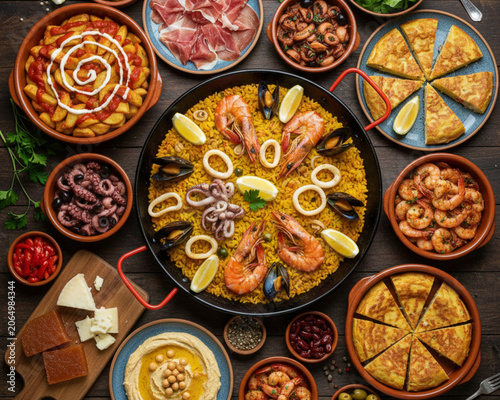 Spanish Tapas Feast Table with Seafood Paella, Tortilla Espanola, Patatas Bravas, and Jamon Iberico on Rustic Dark Wood Background