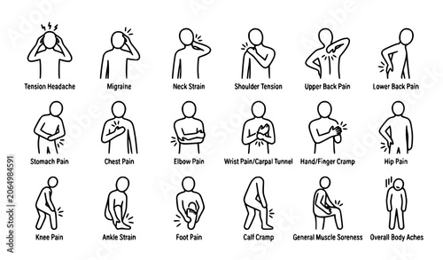 Human Pain Point Line Art Pictograms Vector Set for Healthcare and Medical Infographics