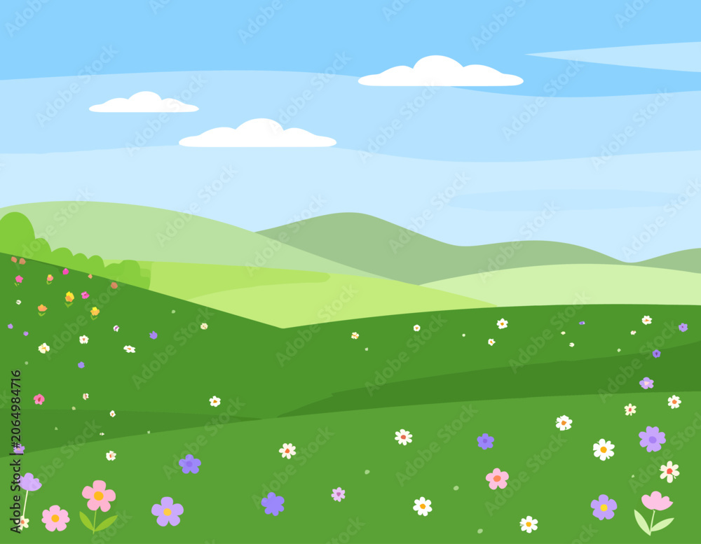 Fototapeta premium Soft rolling green hills landscape under a light blue cloudy sky. Minimalist flat vector nature illustration.