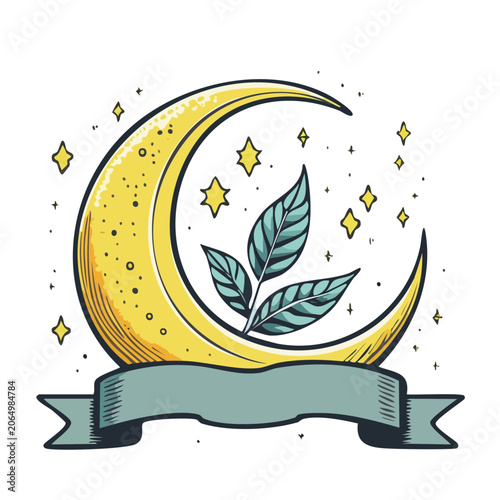 Crescent Moon with Leaves and Stars Illustration