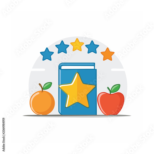 Flat design illustration of a book with star and fruits