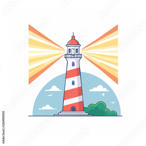 Flat design lighthouse with sun and ocean