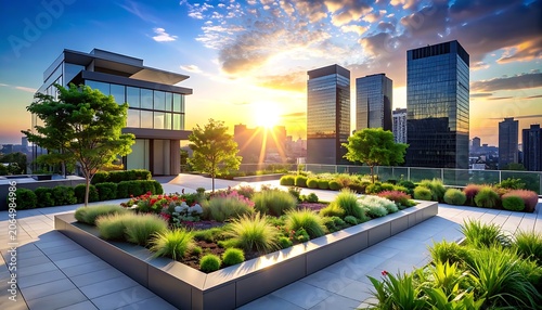 A serene rooftop garden overlooking a cityscape at sunset (7)