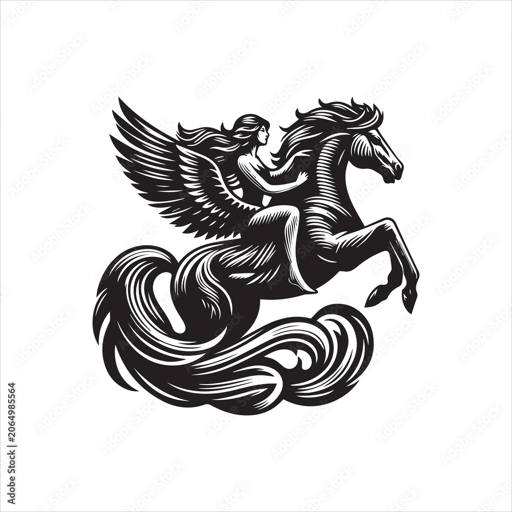 Fototapeta premium Black and white illustration of a woman riding a majestic winged horse pegasus.