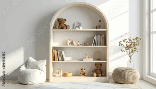 Canvastavla Wooden Arched Bookshelf With Toys.