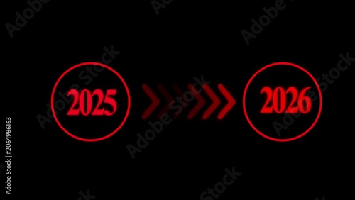 Abstract Glowing Neon Red color 2025 to 2026 New Year Swipe arrow animation on black background  4k video.