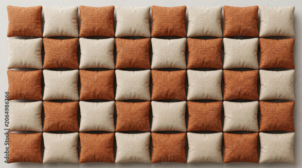 Fototapeta premium Terracotta orange and cream checkered cushion texture background, tufted geometric square pillow wall panel pattern, matte fabric upholstery backdrop for boho branding