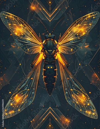 Glowing insect with illuminated wings on dark background