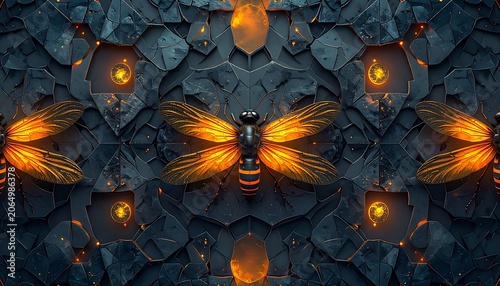 A symmetrical bee with glowing orange wings against a dark background