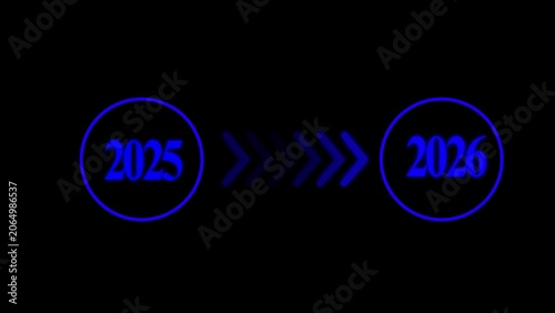 Abstract Glowing neon Blue color 2025 to 2026 New Year Swipe arrow animation on black background  4k video.