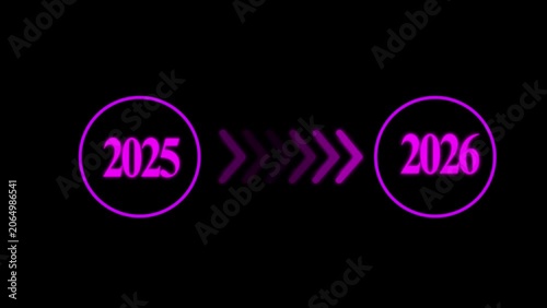 Abstract Glowing neon pink color 2025 to 2026 New Year Swipe arrow animation on black background  4k video.