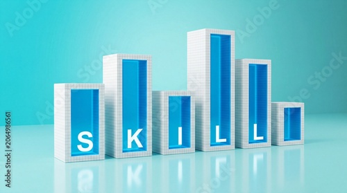 3d rendered word skills displayed on modern geometric white and blue towers representing professional development and growth in a corporate environment