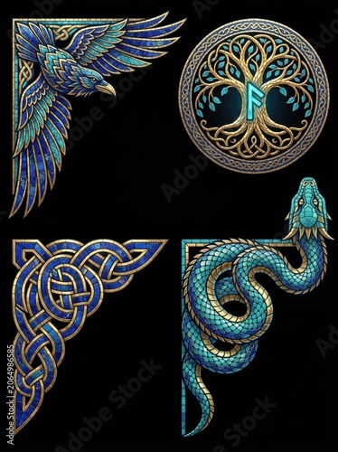 Vibrant Norse mosaic elements and runes compose