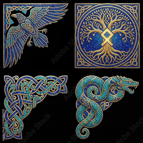 Vibrant Norse mosaic elements and runes compose