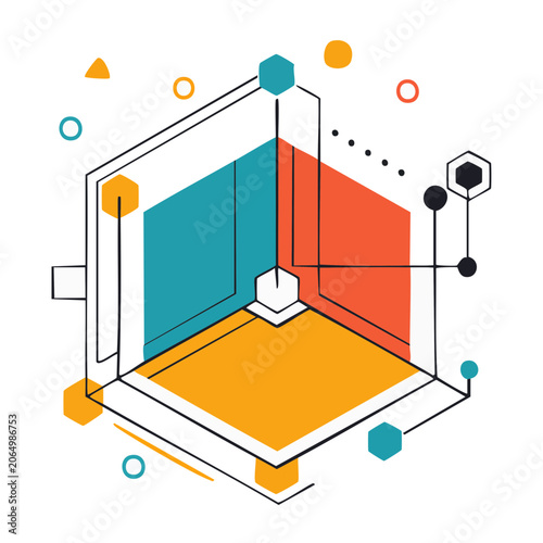 Isometric Cube with Geometric Shapes in Flat Design