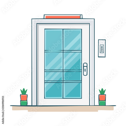 Modern Elevator Door with Glass Panels and Potted Plants