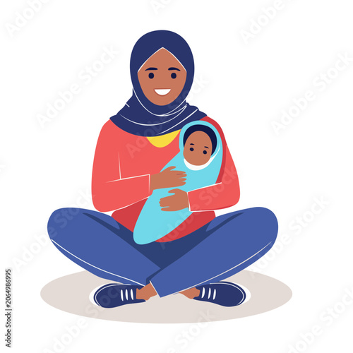 Woman in hijab holding baby in flat design illustration
