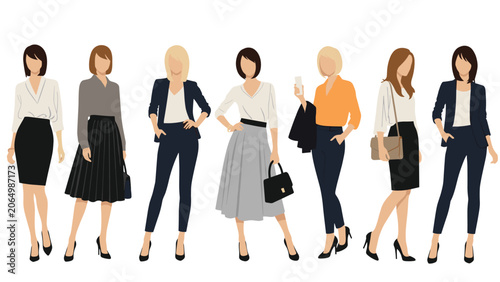 Collection of seven stylish women dressed in professional business attire and smart casual outfits standing in a row on white.
