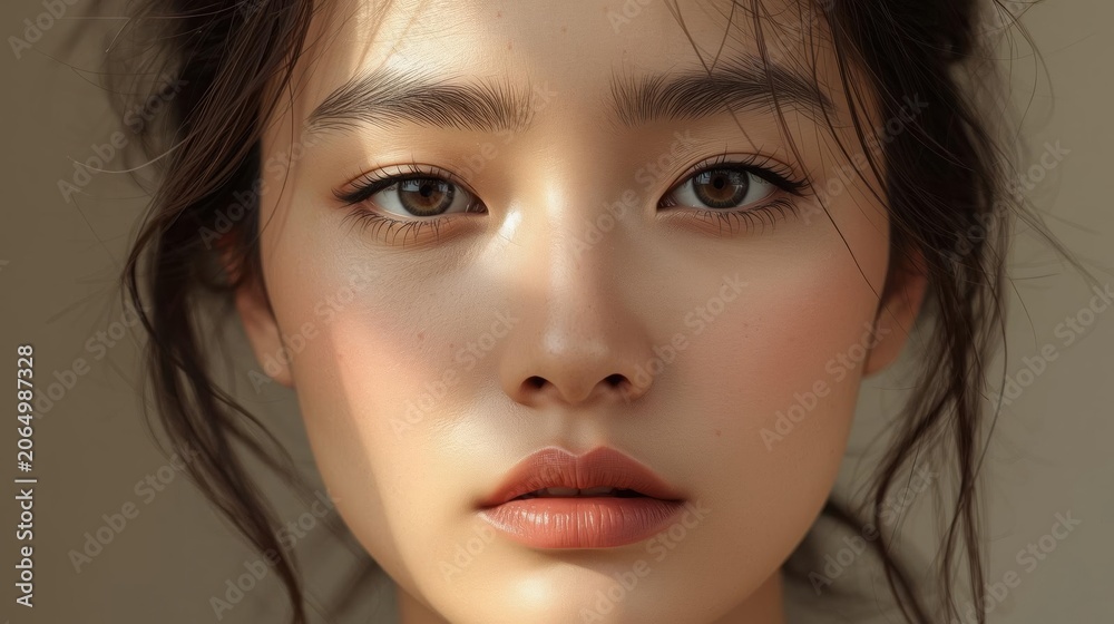 Fototapeta premium Close-up portrait of a young woman with clear skin, natural makeup, and soft lighting highlighting her delicate facial features.