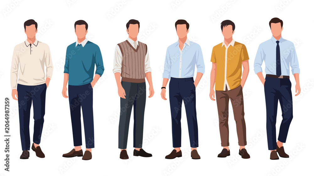 Obraz premium Line of six diverse men showing different styles of modern casual and semi-formal men's fashion in a flat design illustration.