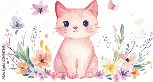 Cute white kitten with pink flowers illustration, adorable cartoon cat portrait with nature and love theme