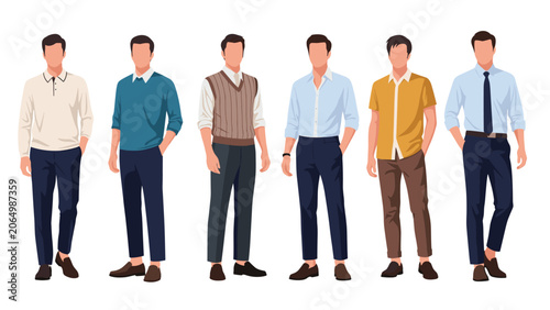Line of six diverse men showing different styles of modern casual and semi-formal men's fashion in a flat design illustration.