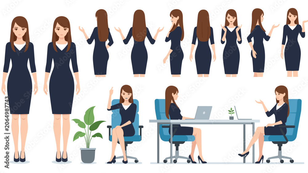 Obraz premium Character design sheet of a professional woman in a navy dress showing different poses, views, and activities like working.