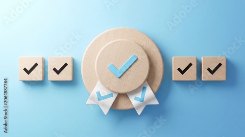Wooden badge with blue checkmark icon and four square checkboxes on a light blue background representing quality assurance