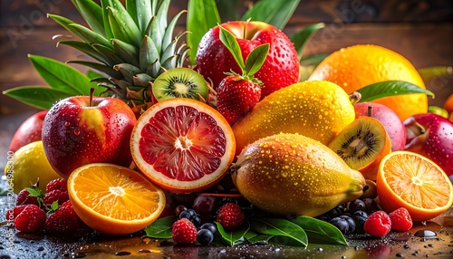 A vibrant still life of assorted fresh fruits on a rustic surface